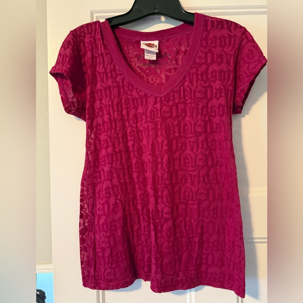 Dark Pink Graphic V-Neck Women’s Tee, Harley Davidson, large